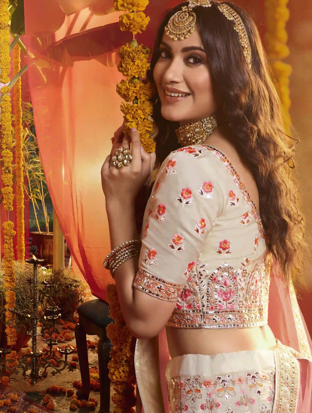 Off-White Organza Lehenga Choli Set | Indian Lehenga Choli for Women