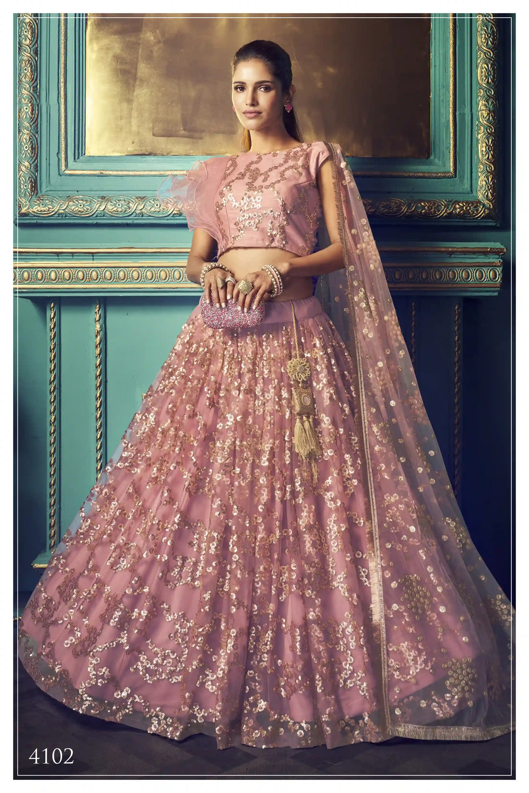Peach Lehenga with Sequin Work | Elegant Soft Net Lehenga for Women