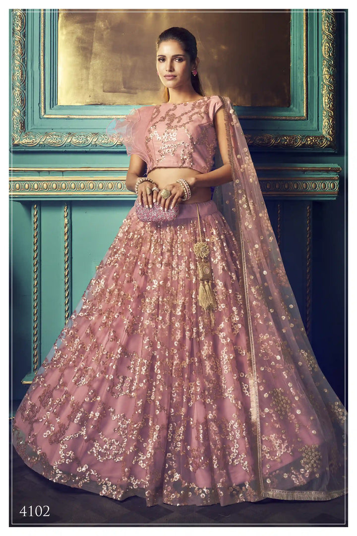 Peach Lehenga with Sequin Work | Elegant Soft Net Lehenga for Women
