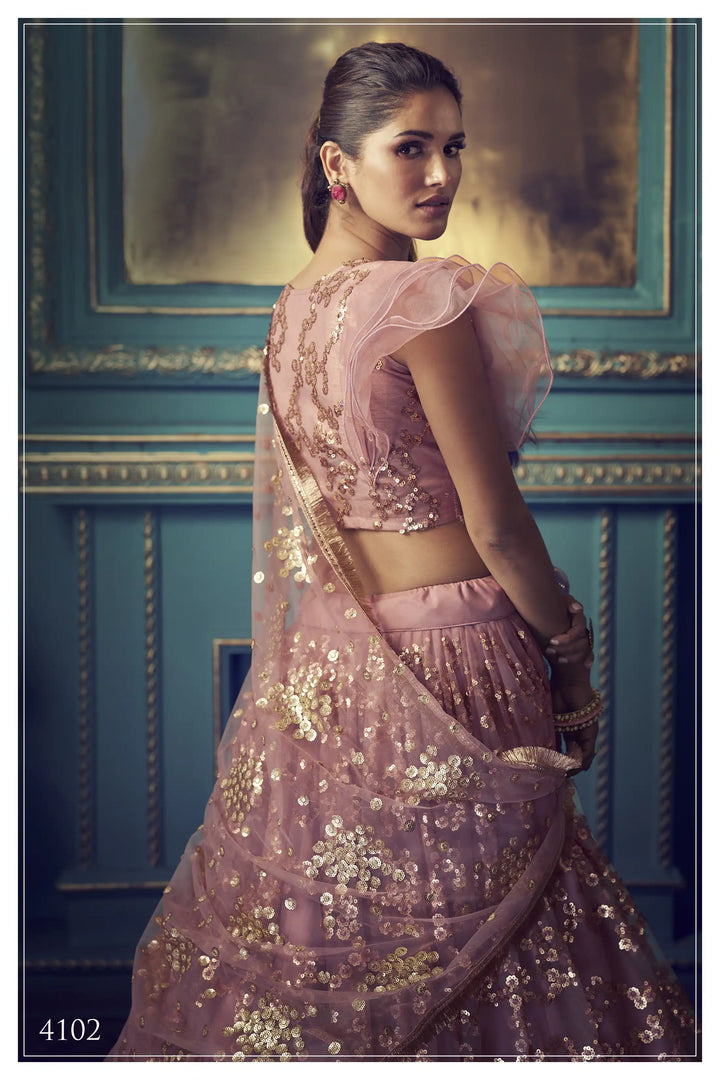 Peach Lehenga with Sequin Work | Elegant Soft Net Lehenga for Women