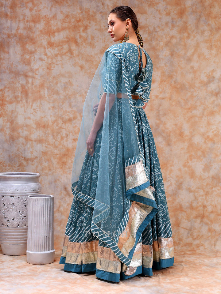 Stylish Powder Light Blue Lehenga Set | Cotton Blouse & Net Dupatta