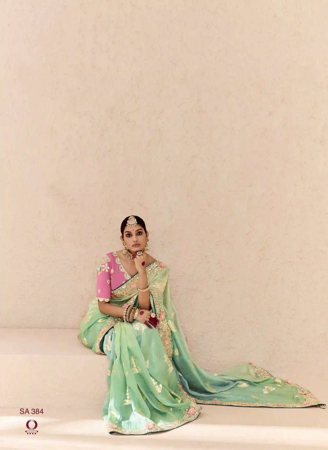 Beautiful Sea Green Saree with Fancy Blouse and Embellishments