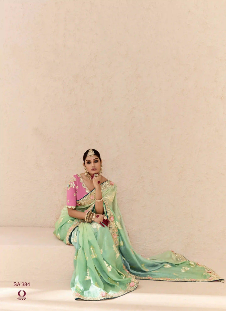 Beautiful Sea Green Saree with Fancy Blouse and Embellishments