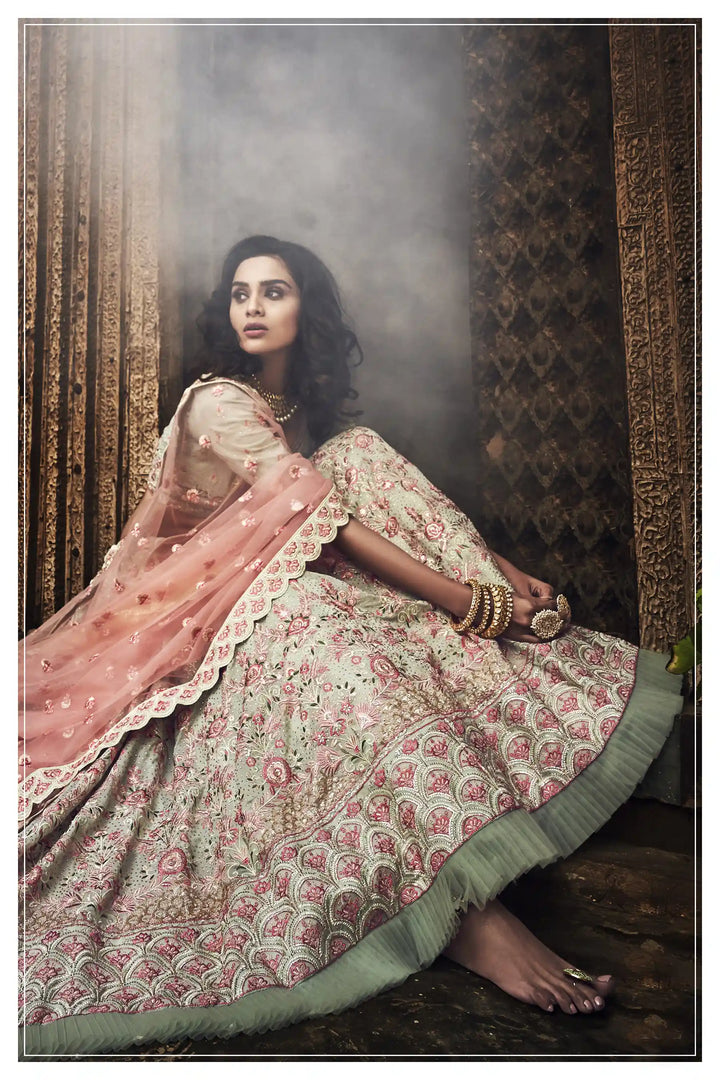 Pista Green Lehenga | Georgette Lehenga with Swarovski Work