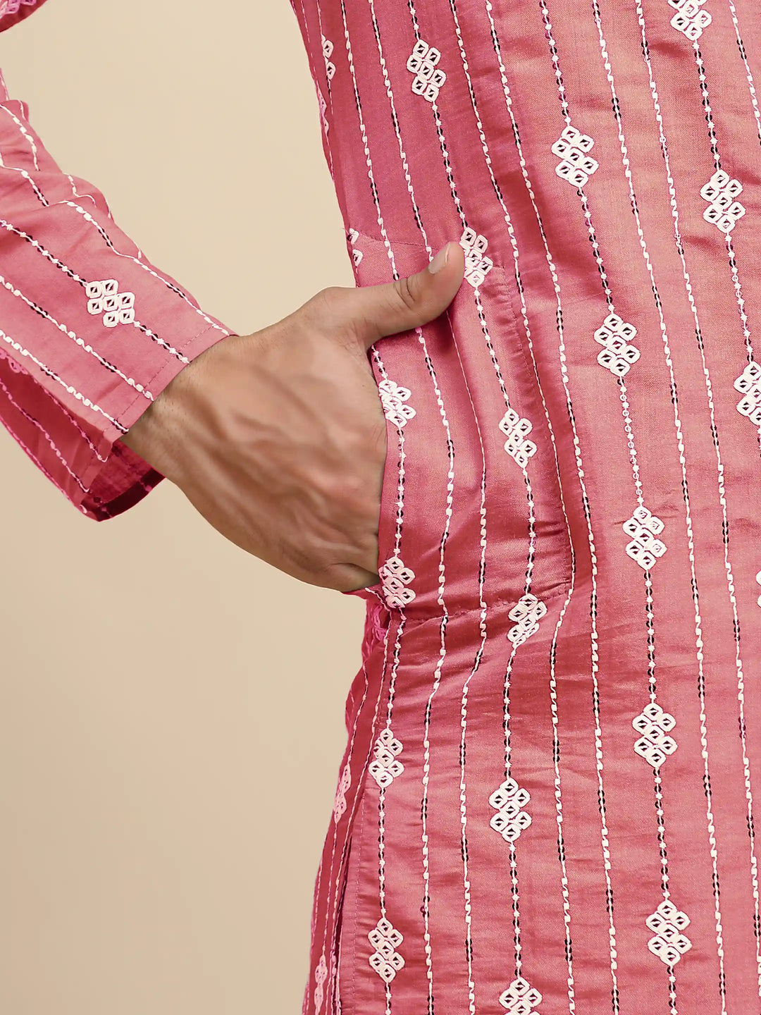 Pink Weaved Motif Kurta | Viscose Rayon for Men
