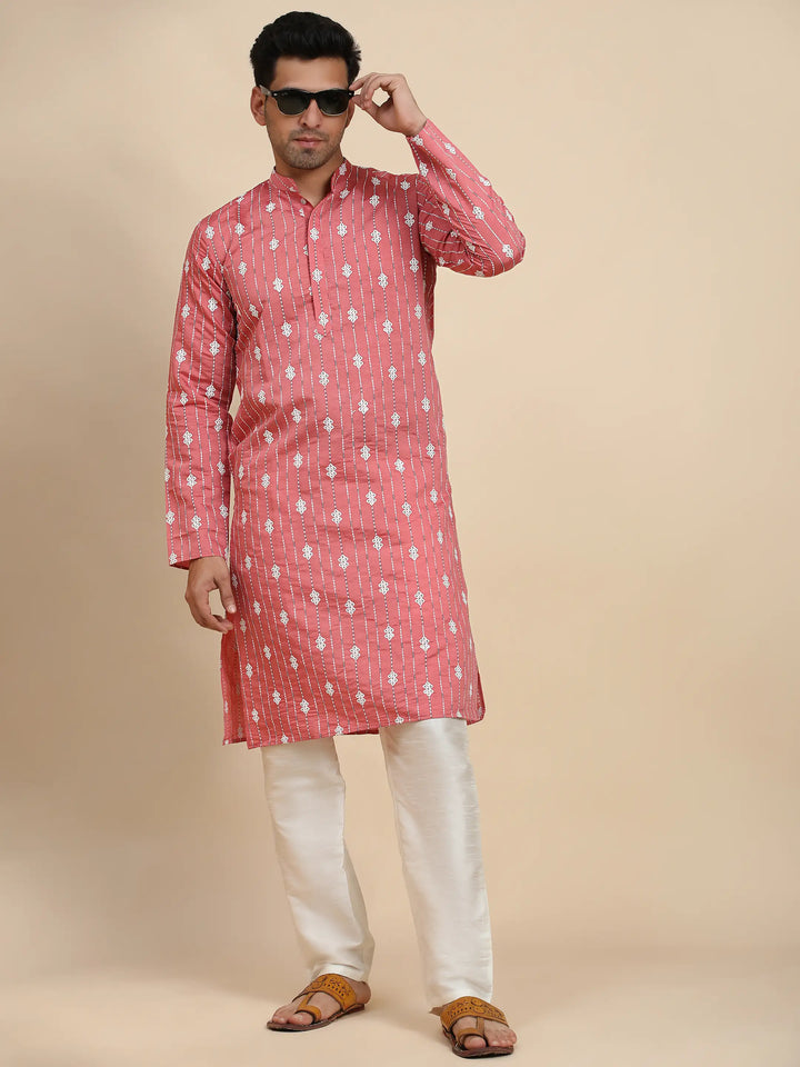 Pink Weaved Motif Kurta | Viscose Rayon for Men