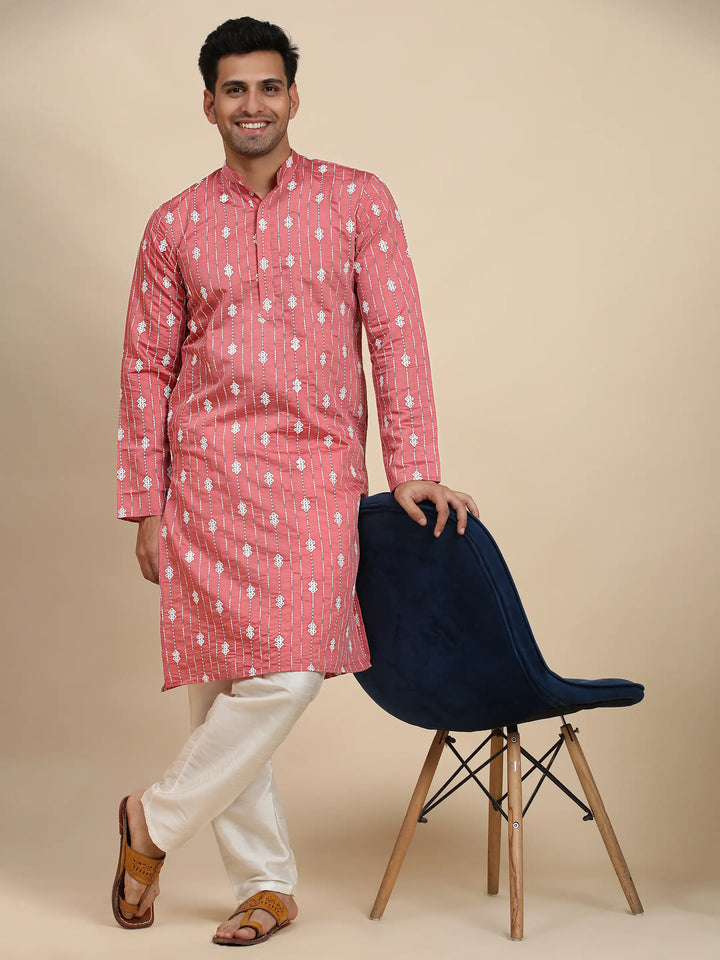 Pink Weaved Motif Kurta | Viscose Rayon for Men