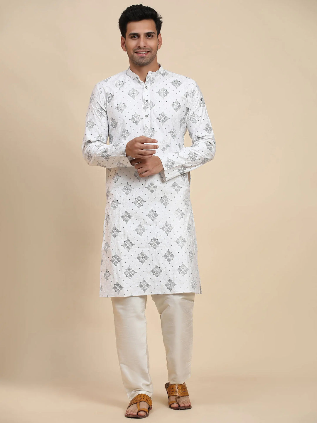 White Cotton Kurta Set for Men | Handwoven Motif Detailing