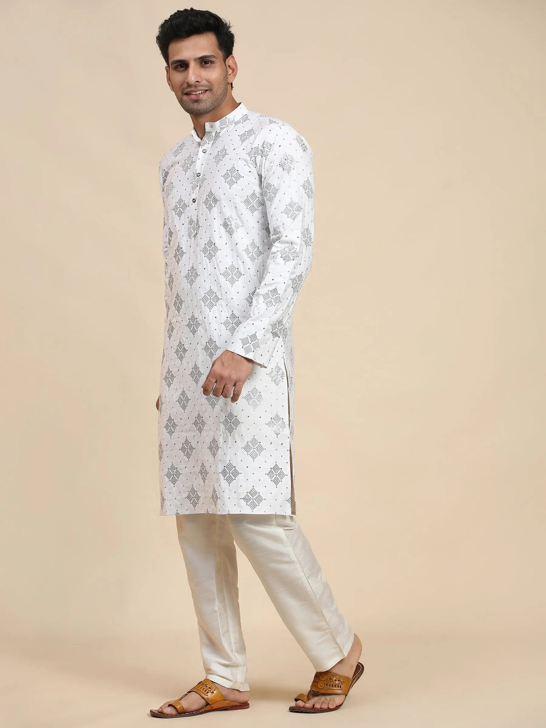 White Cotton Kurta Set for Men | Handwoven Motif Detailing