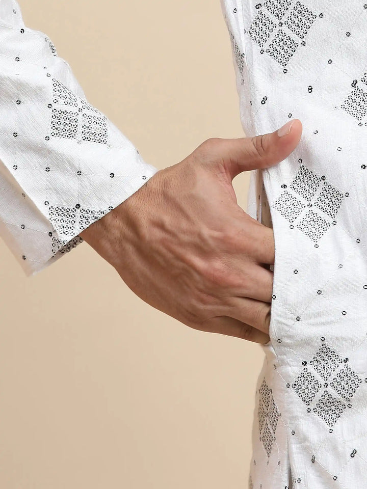 White Cotton Kurta Set for Men | Handwoven Motif Detailing