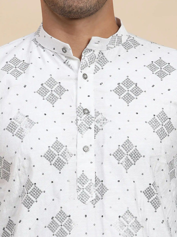 White Cotton Kurta Set for Men | Handwoven Motif Detailing