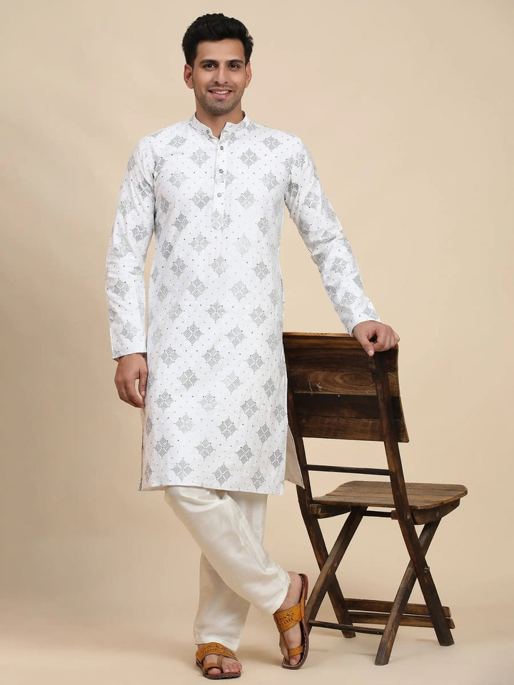 White Cotton Kurta Set for Men | Handwoven Motif Detailing