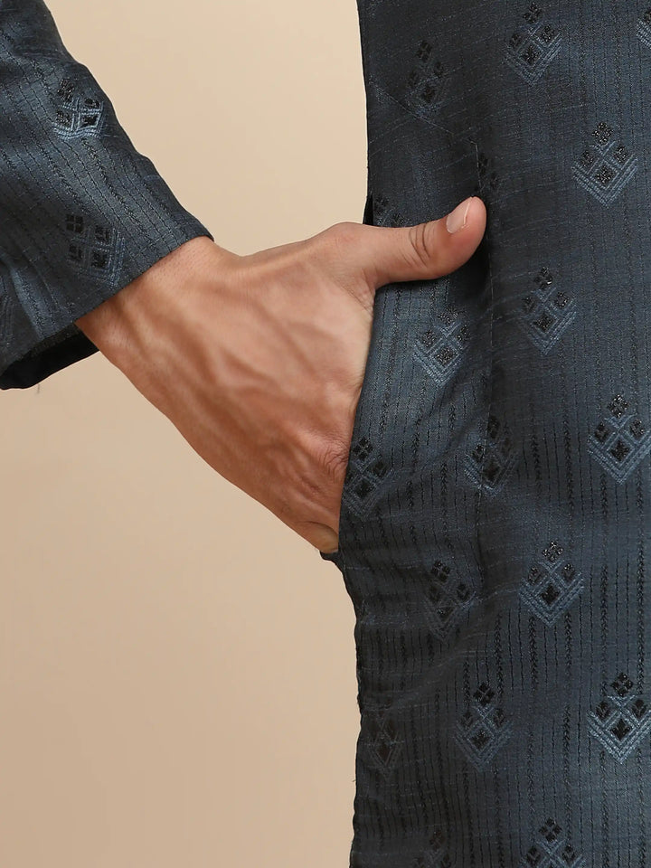 Elegant Kurta Pajama for Men | Navy Blue Viscose Jacquard & Art Silk with Wevon Jacquard