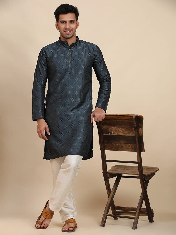 Navy Blue Viscose Jacquard Kurta | Stylish Traditional Wear for Men