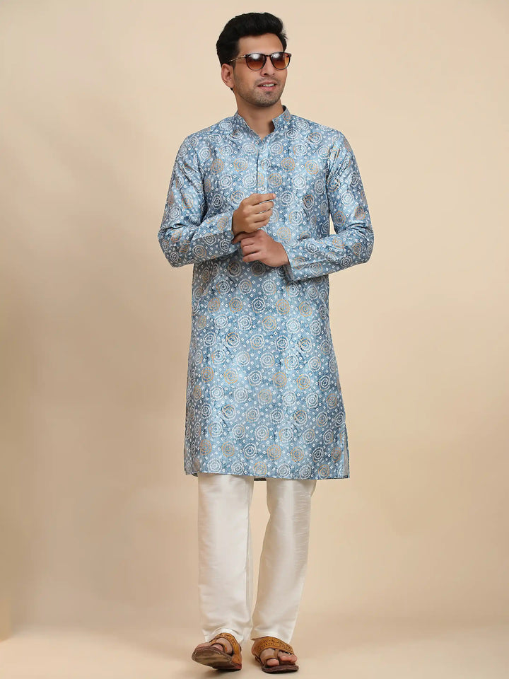 Viscose Rayon Kurta | Light Blue Printed Design for Men