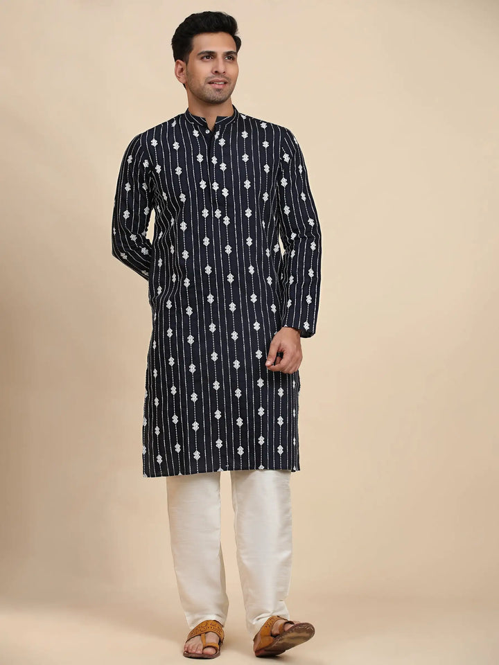 Navy Blue Weaved Motif Kurta | Viscose Rayon for Men