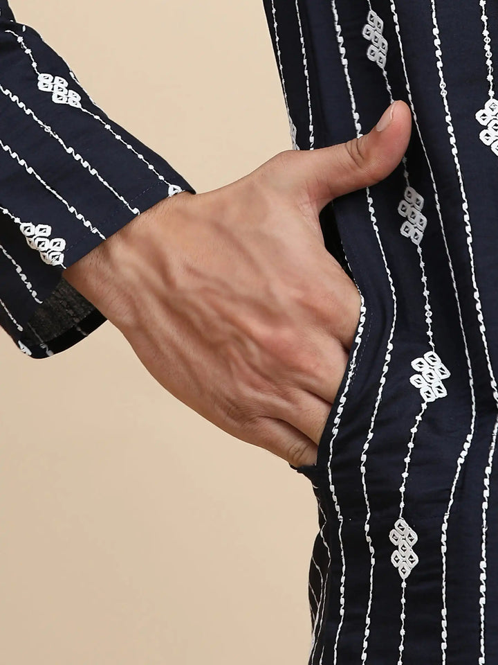 Navy Blue Weaved Motif Kurta | Viscose Rayon for Men