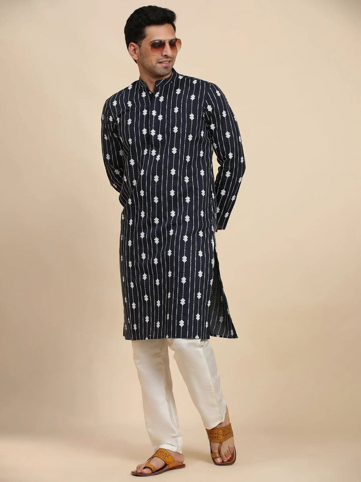 Navy Blue Weaved Motif Kurta | Viscose Rayon for Men