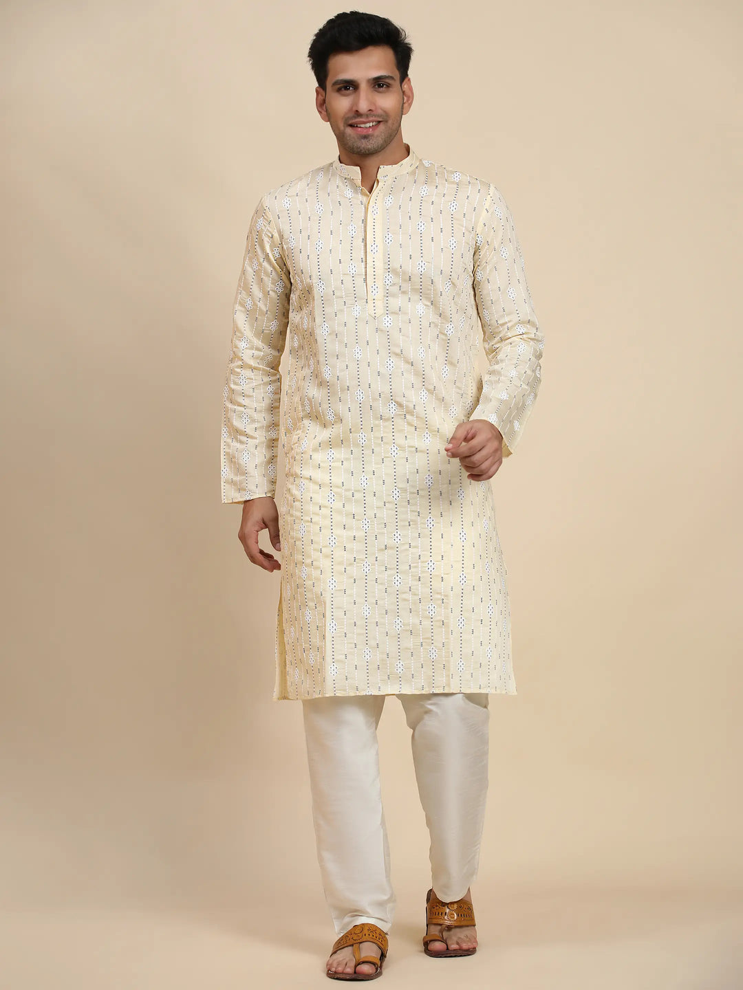 Viscose Rayon Kurta | Cream Weaved Motif for Men