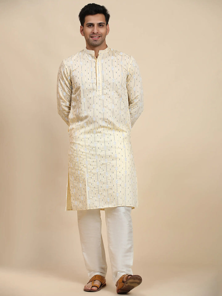 Viscose Rayon Kurta | Cream Weaved Motif for Men