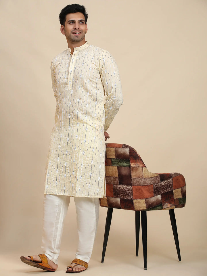 Viscose Rayon Kurta | Cream Weaved Motif for Men