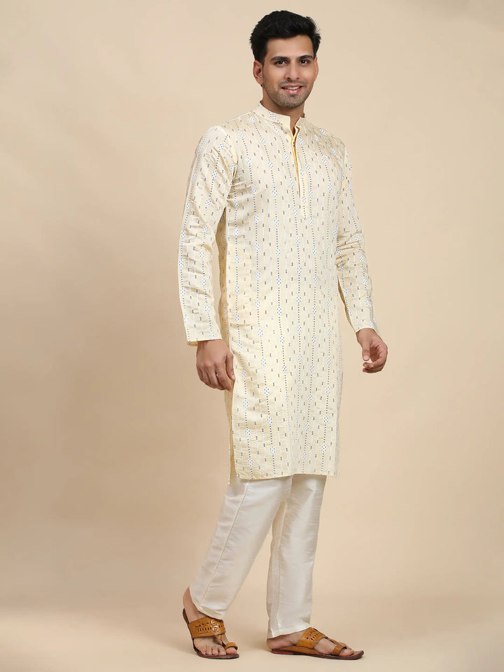 Viscose Rayon Kurta | Cream Weaved Motif for Men