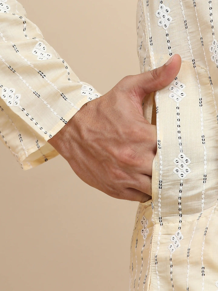 Viscose Rayon Kurta | Cream Weaved Motif for Men