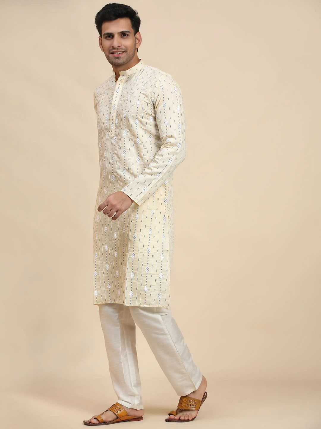 Viscose Rayon Kurta | Cream Weaved Motif for Men