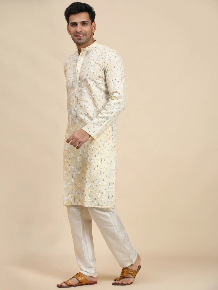 Viscose Rayon Kurta | Cream Weaved Motif for Men