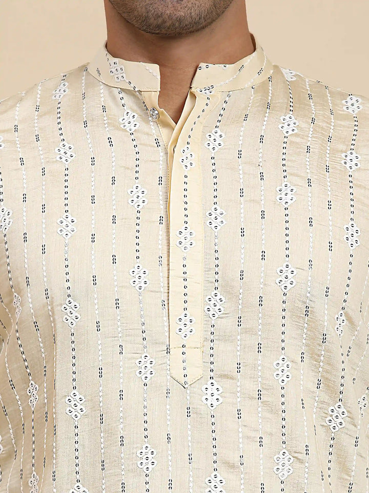 Viscose Rayon Kurta | Cream Weaved Motif for Men
