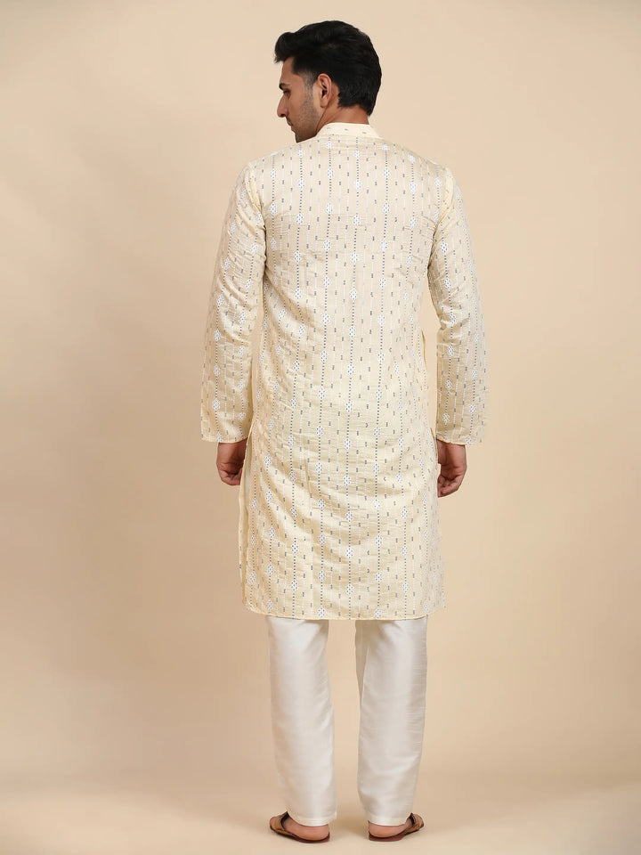 Viscose Rayon Kurta | Cream Weaved Motif for Men