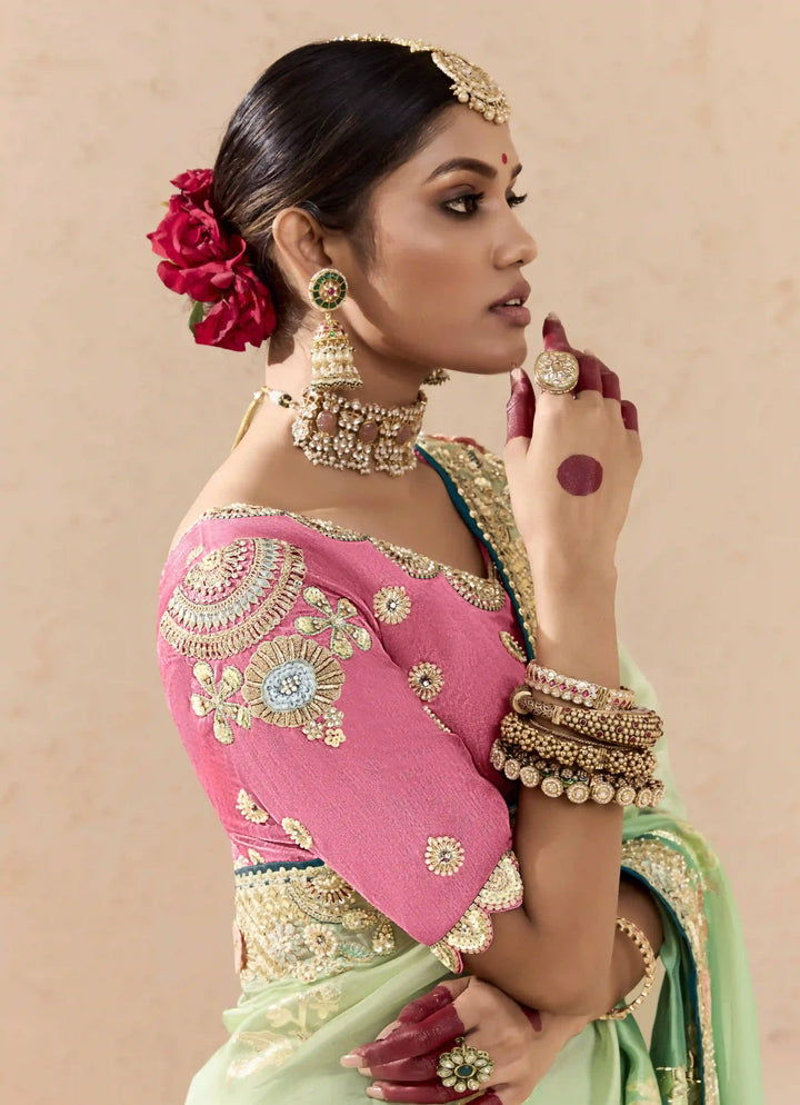 Beautiful Sea Green Saree with Fancy Blouse and Embellishments