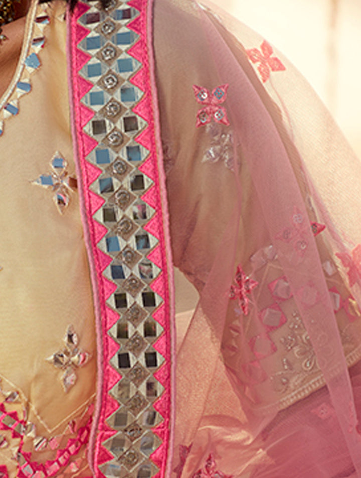 Yellow & Pink Embroidered Mirror Work Lehenga Choli | Semi-Stitched with Dupatta