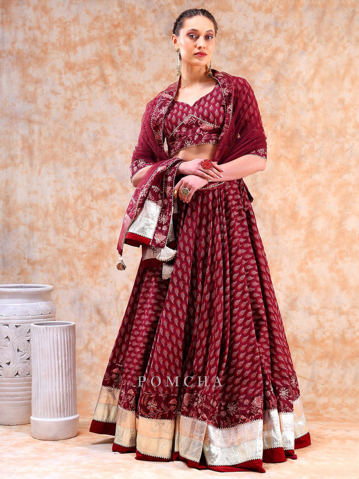 Radiate Royal Elegance | Dil Kash Maroon Lehenga with Lappa Work