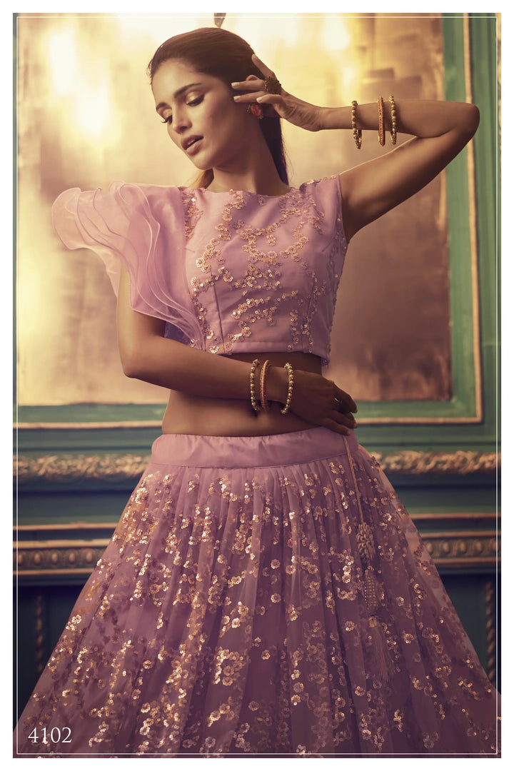 Peach Lehenga with Sequin Work | Elegant Soft Net Lehenga for Women