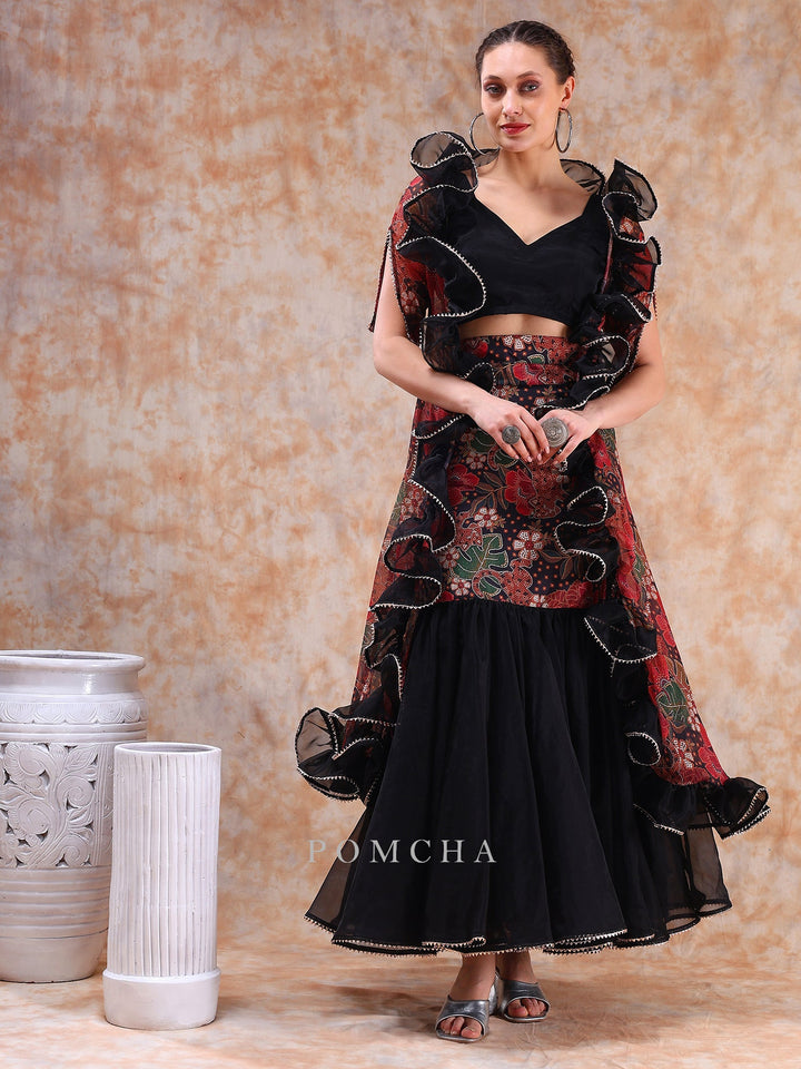 Stylish Black Muslin Lehenga | Dil Kash Organza & Chiffon Shrug fashionable Set