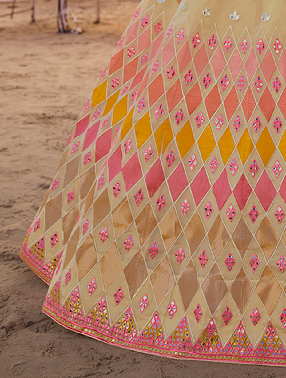 Embroidered Beige Lehenga for Women | Organza Lehenga Choli Set with Dupatta
