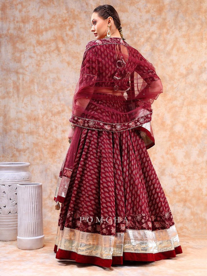 Radiate Royal Elegance | Dil Kash Maroon Lehenga with Lappa Work