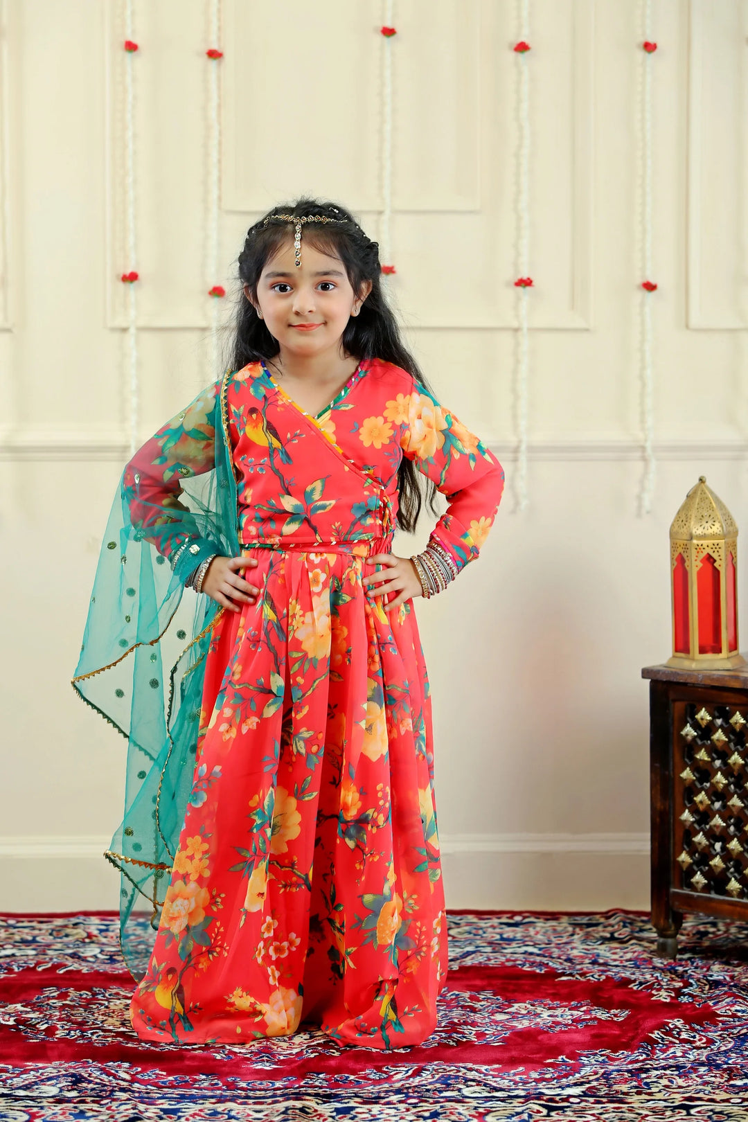 Orange and Yellow Floral Crop Top with Skirt and Dupatta ( Mom and Daughter Twin Set)