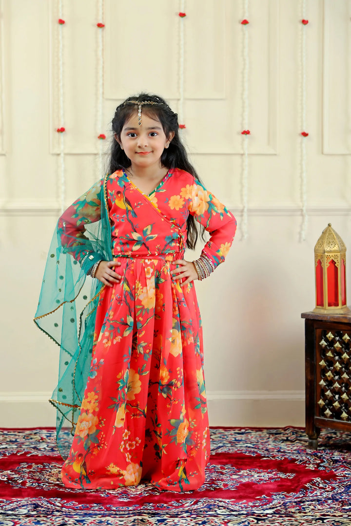Orange and Yellow Floral Crop Top with Skirt and Dupatta ( Mom and Daughter Twin Set)