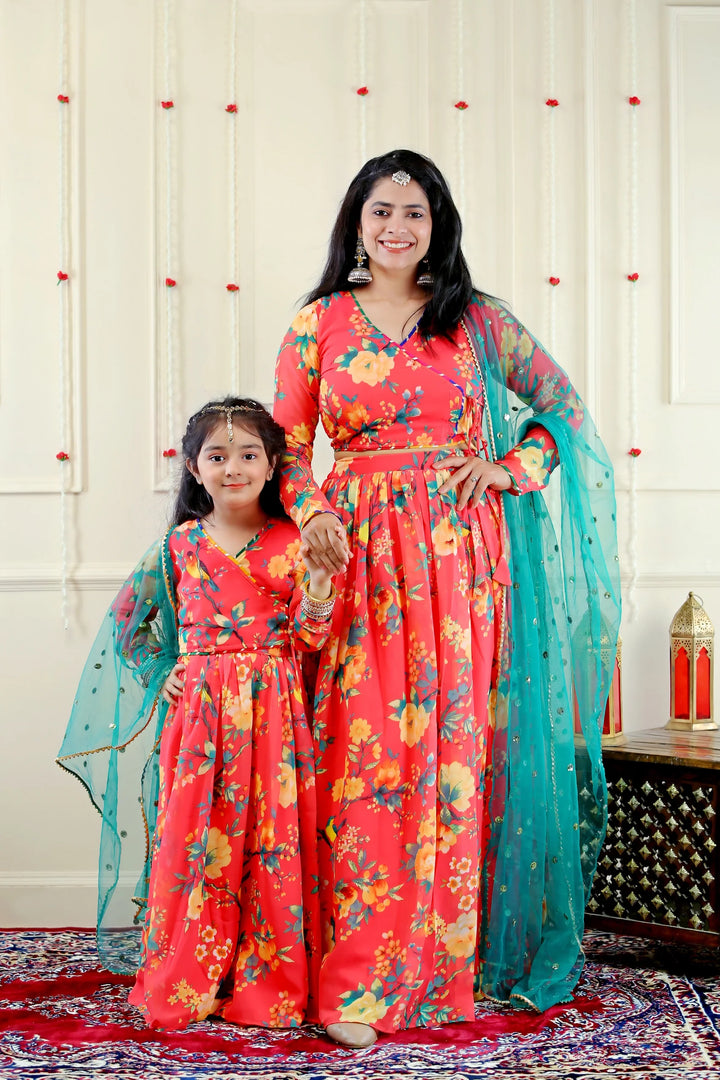 Orange and Yellow Floral Crop Top with Skirt and Dupatta ( Mom and Daughter Twin Set)