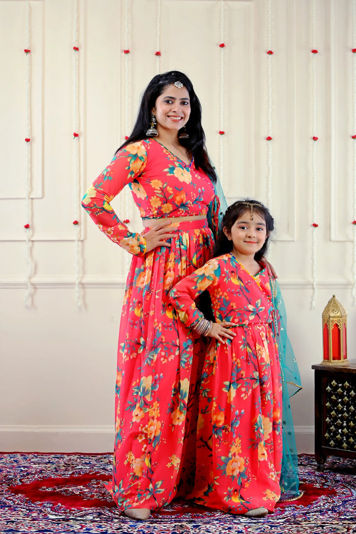 Orange and Yellow Floral Crop Top with Skirt and Dupatta ( Mom and Daughter Twin Set)