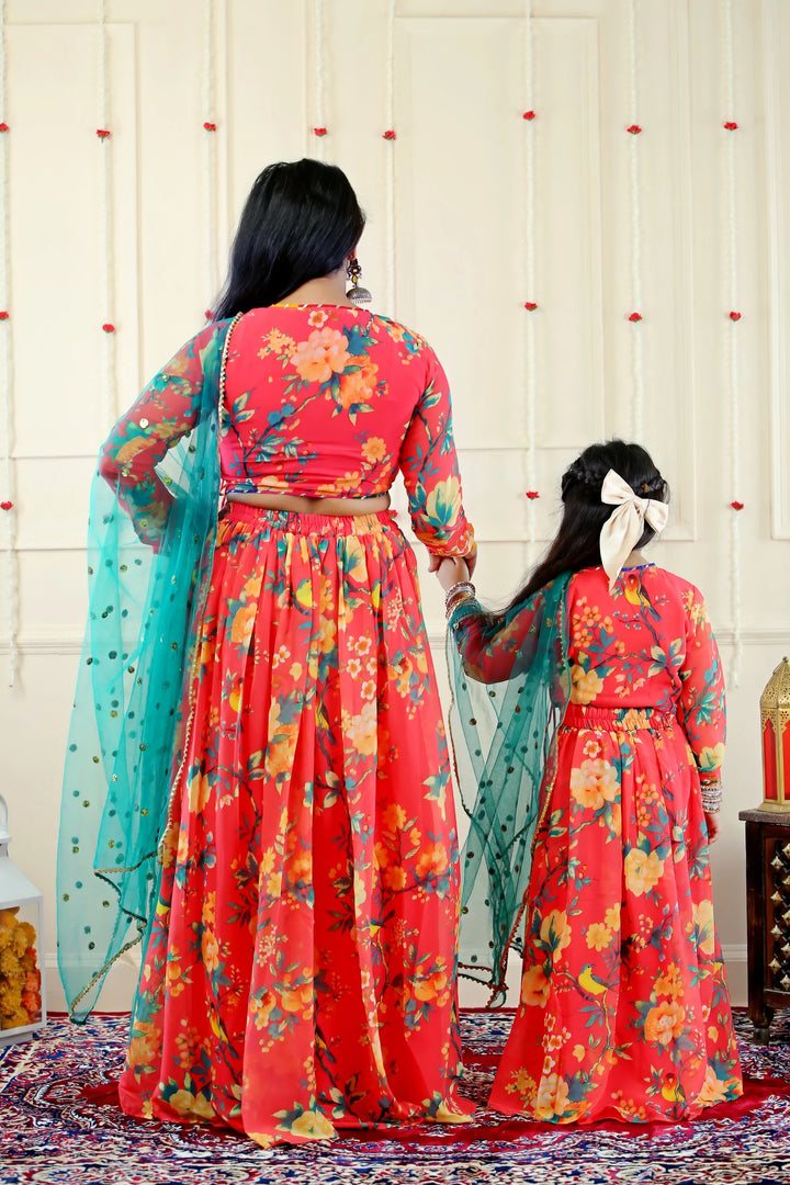 Orange and Yellow Floral Crop Top with Skirt and Dupatta ( Mom and Daughter Twin Set)