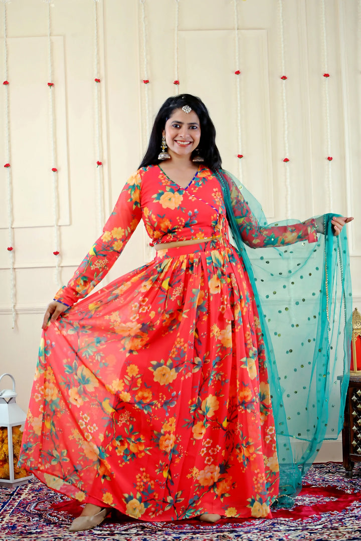 Orange and Yellow Floral Crop Top with Skirt and Dupatta ( Mom and Daughter Twin Set)