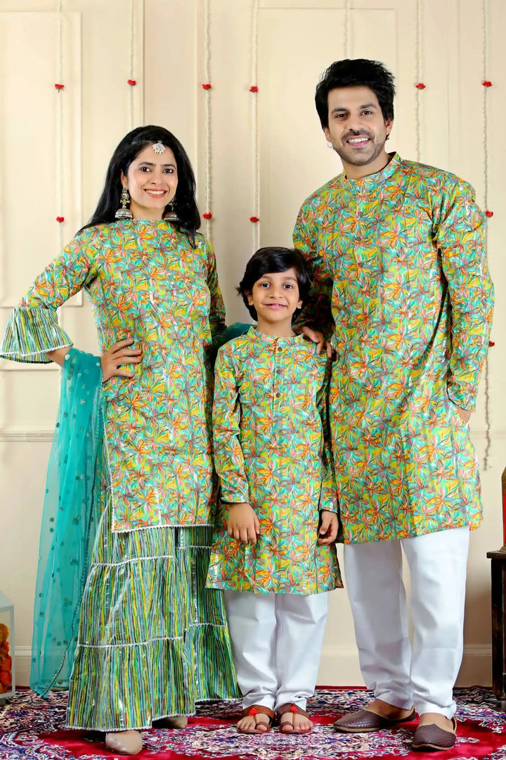 Soothing Green Multifloral Sharara Suit with Matching Kurta Pyjama ( Family Twin Set )