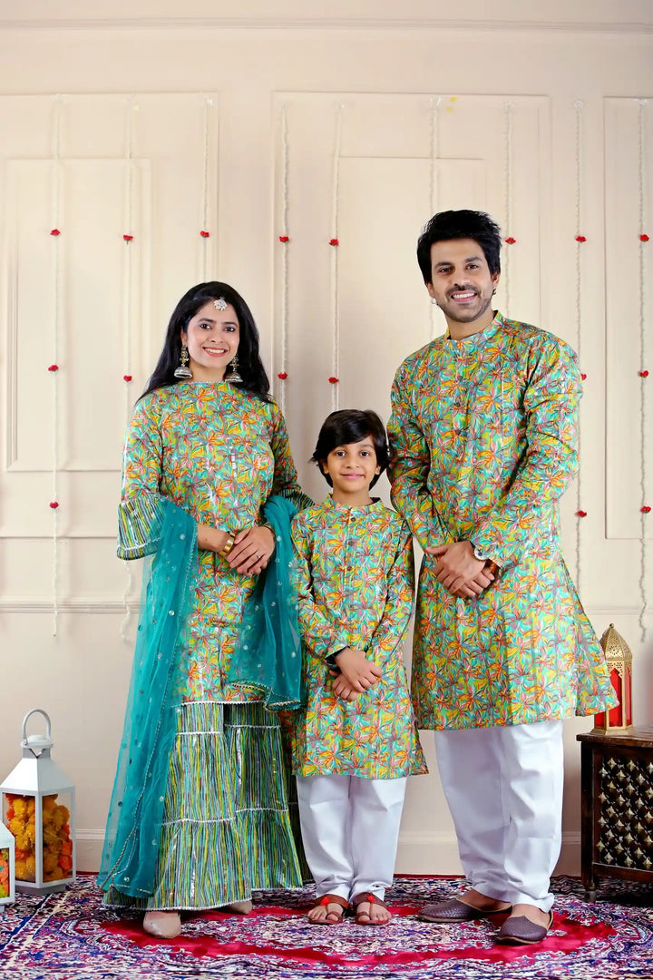 Soothing Green Multifloral Sharara Suit with Matching Kurta Pyjama ( Family Twin Set )