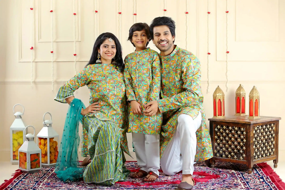 Soothing Green Multifloral Sharara Suit with Matching Kurta Pyjama ( Family Twin Set )