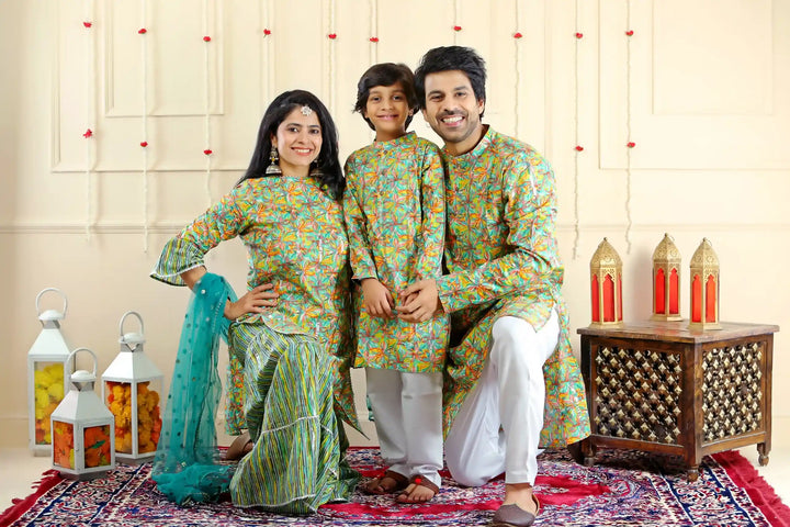 Soothing Green Multifloral Sharara Suit with Matching Kurta Pyjama ( Family Twin Set )
