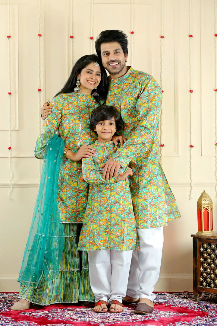 Soothing Green Multifloral Sharara Suit with Matching Kurta Pyjama ( Family Twin Set )