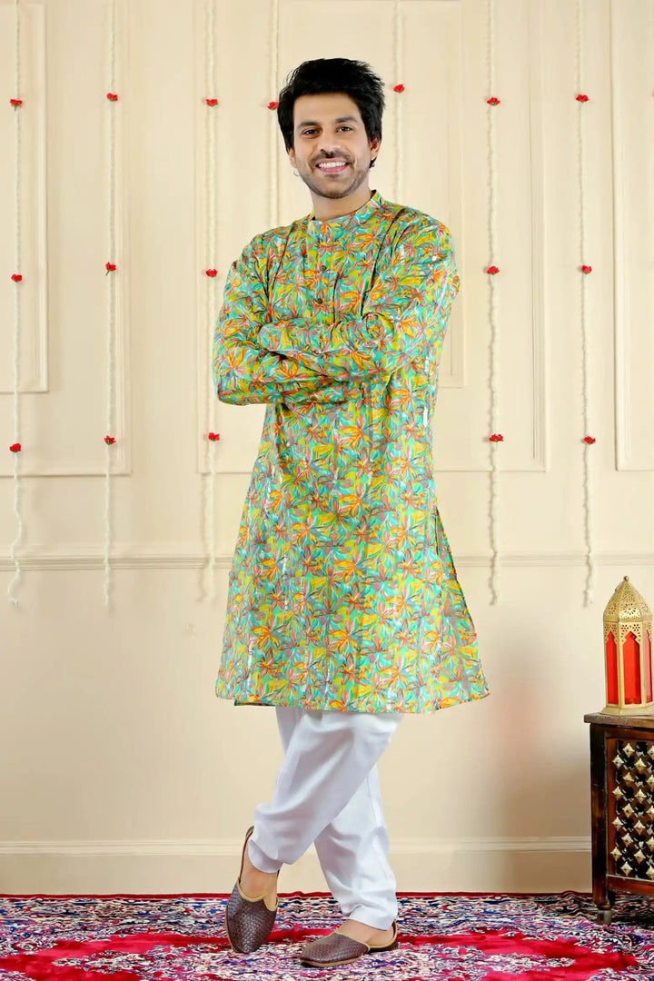 Soothing Green Multifloral Kurta Pyjama For Men